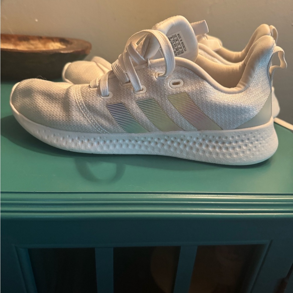 Adidas White Sneakers with Iridescent Stripes